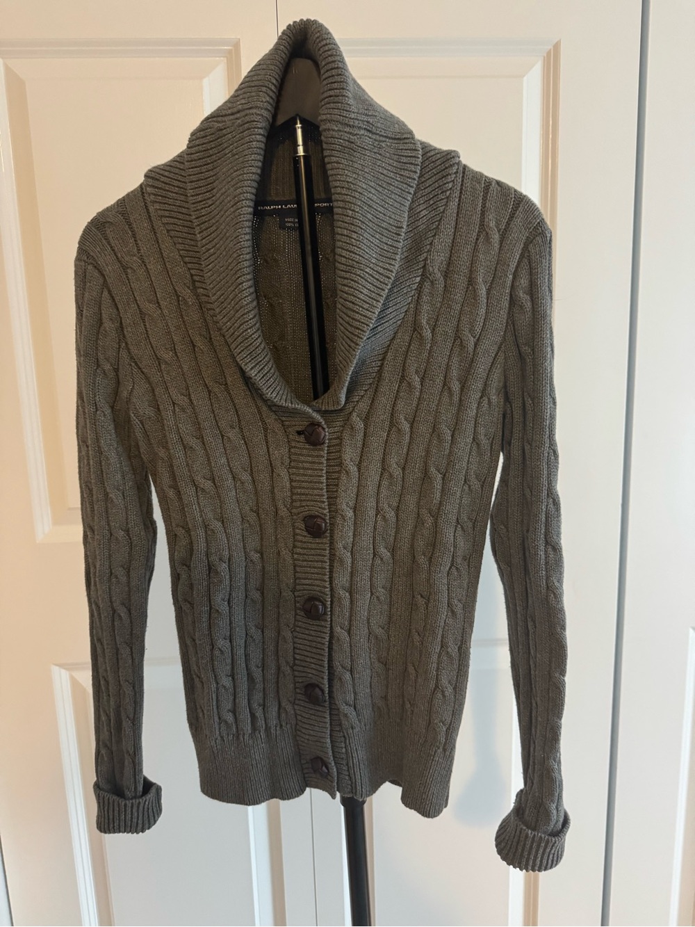 R Lauren Sport Cable Knit Shawl Collar Cardigan Sweater -Gray, leather buttons
